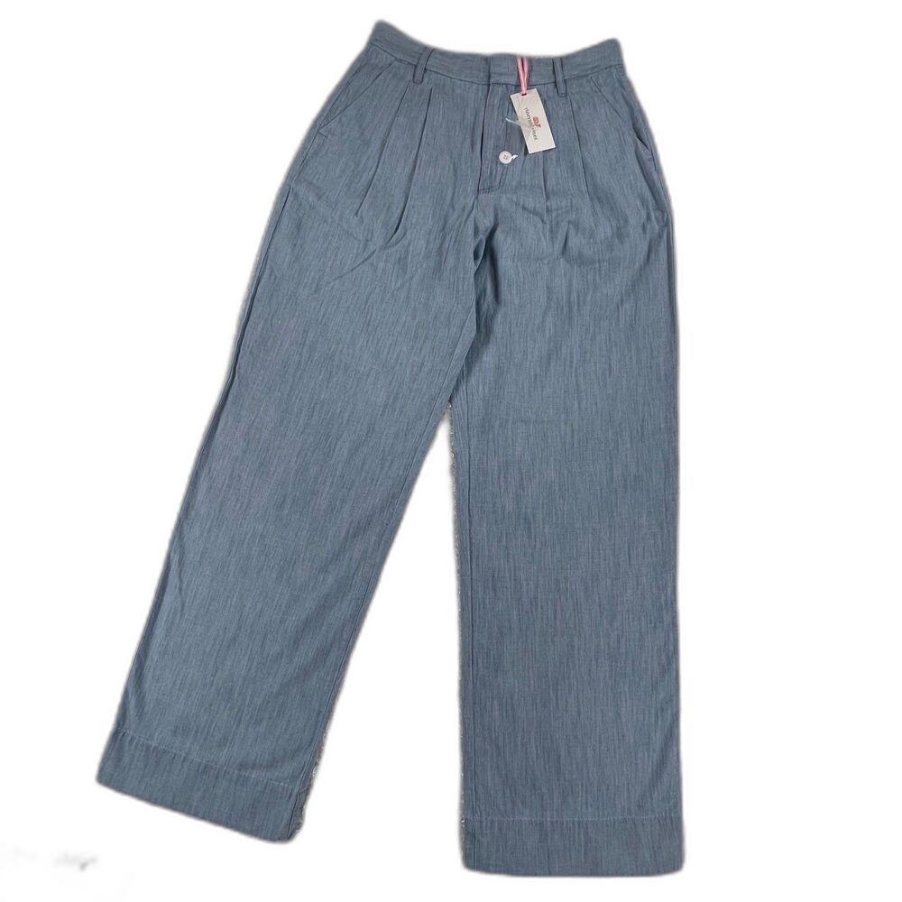 NWT Vineyard Vines Trouser 6 Light Indigo Wide Leg Pleated Cotton Coastal Preppy